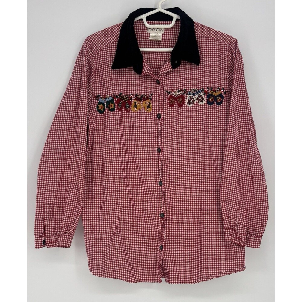 Bobbie Brooks 14W/16W Red Gingham Christmas Mittens Embroidered Shirt Plus